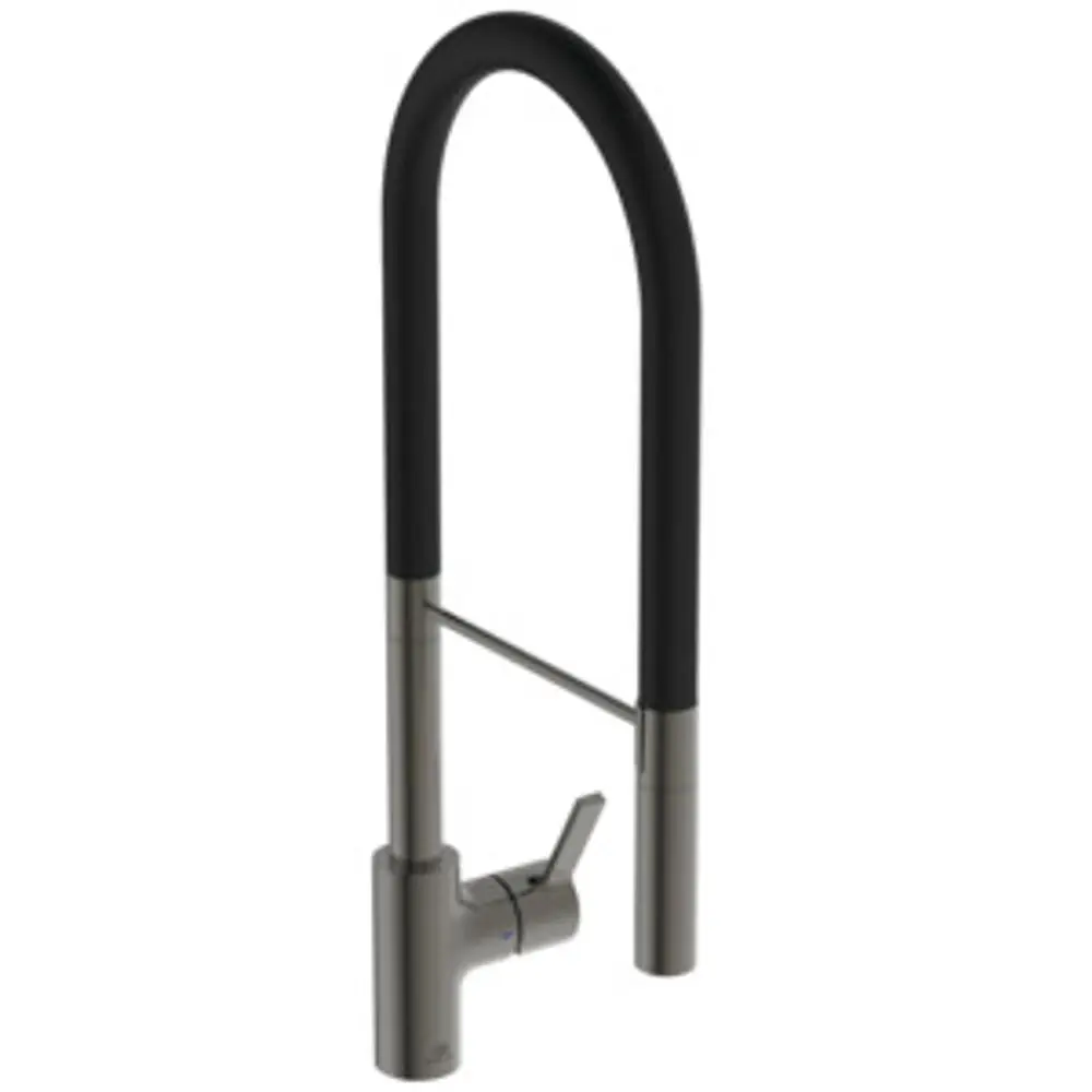 Küchenarmatur von Ideal Standard mit hohem, gebogenem Auslauf und seitlichem Bedienhebel. Das Design ist in grauer Farbe gehalten.